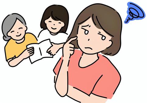女性2人に勧められて困る女性　カラー 女性,勧誘,複数,困惑,カラーのイラスト素材