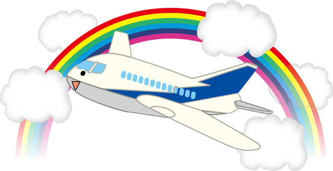 飛行機と虹 飛行機,旅客機,飛ぶ,移動,デフォルメ,虹,アーチ,雲,空,キャラのイラスト素材