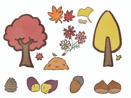 秋のイラスト素材セット 秋,秋の風景,紅葉,イチョウ,銀杏,落ち葉,コスモス,どんぐり,松ぼっくり,焼き芋のイラスト素材
