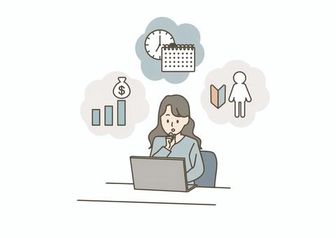 転職条件を考える女性ビジネスマン ビジネスマン,人物,サラリーマン,キャリアウーマン,職業,会社員,オフィスカジュアル,ol,ビジネスウーマン,女性のイラスト素材