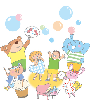 動物たちと楽しいお祭り 夏祭り,子ども,幼稚園児,保育園,小学校,お祭り,かわいい,動物,楽器,音楽隊のイラスト素材
