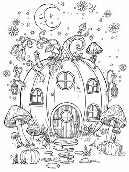 かぼちゃの家 植物,かぼちゃ,キノコ,月,星,家,ファンタジー,幻想的な,線画,塗り絵のイラスト素材
