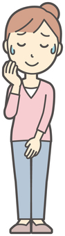  お団子主婦-006-全身 苦笑い,主婦,ママ,長袖,シャツ,半端袖,お団子,アップヘア,女性,母のイラスト素材