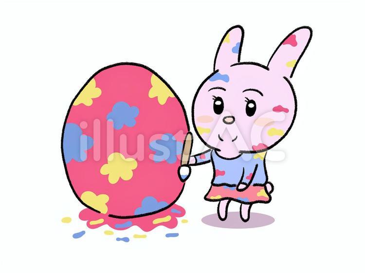 卵に色を塗っているうさぎちゃん イースター,お祝い,うさぎのイラスト素材