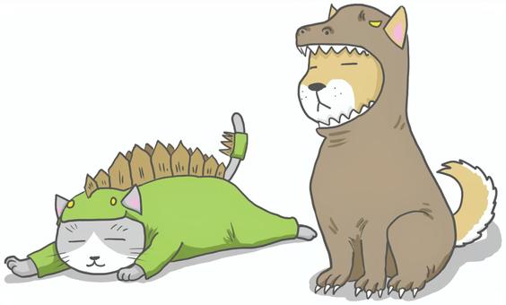 恐竜コスプレのにゃんことわんこ 恐竜コスプレのにゃんことわんこ 恐竜,かぶりもの,ねこのイラスト素材