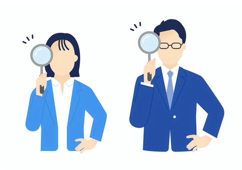 虫眼鏡を持つビジネスパーソンのイラスト 虫眼鏡,検索,発見,チェック,確認,観察,調査,比較,ビジネスパーソン,ビジネスマンのイラスト素材