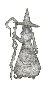 魔法の杖を持った魔女のシルエット 魔法使い,杖,帽子,人物,ファンタジー,全身,シルエット,手描き,リアル,モノクロのイラスト素材