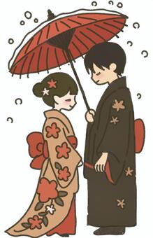 和傘の中の二人 和傘,傘,相合傘,和風,着物,浴衣,袴,和服,花柄,ペアのイラスト素材