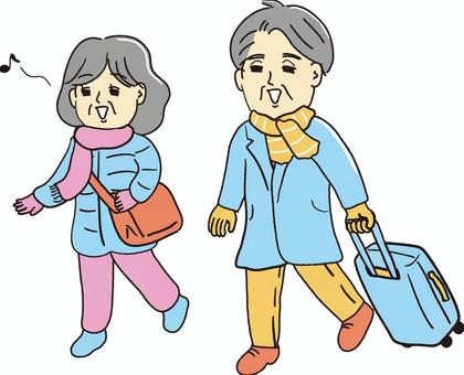 Senior man and woman travel winter, winter, winter clothes, baggage, JPG, PNG and AI