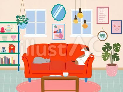 カラフルな部屋でくつろぐペットたち