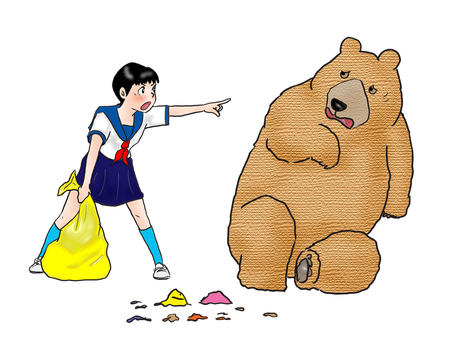 食べ物はちゃんと捨ててよっ！ 人物,こども,女の子,中学生,美化運動,熊,ゴミ袋,動物,食べ残し,ゴミのイラスト素材