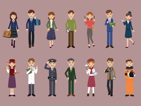 人間図鑑1 職業,仕事,学生,大学生,美容師,お巡りさん,カメラマン,パティシエ,キャビンアテンダント,宇宙飛行士のイラスト素材