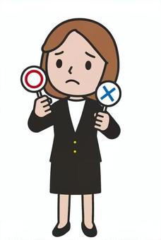 比較する人 マル,バツ,メリット,デメリット,比較,バランス,悩み,女性,スーツ,ビジネスのイラスト素材