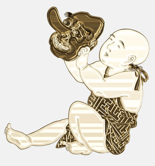 子供と天狗のお面　金色 浮世絵,子供,天狗,お面,金,ゴールド,日本,和風,和服,人のイラスト素材