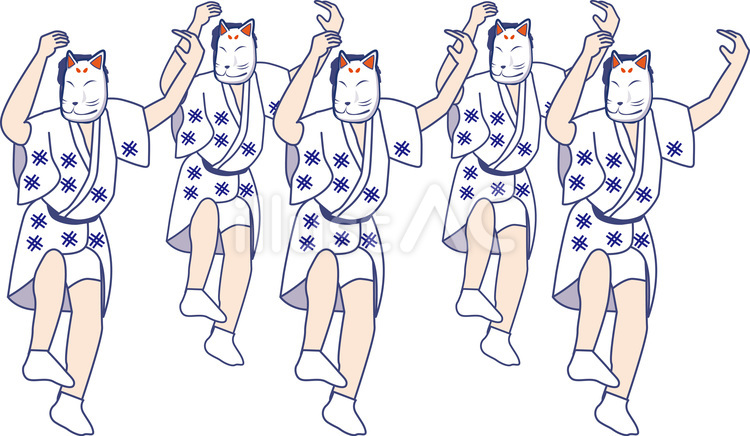 キツネ踊る男性 キツネ,お面,被るのイラスト素材
