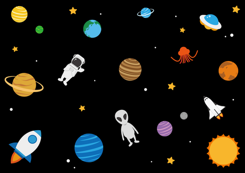 可愛い宇宙の背景素材 宇宙,惑星,地球,太陽,ロケット,ufo,火星人,宇宙人,宇宙飛行士,スペースシャトルのイラスト素材