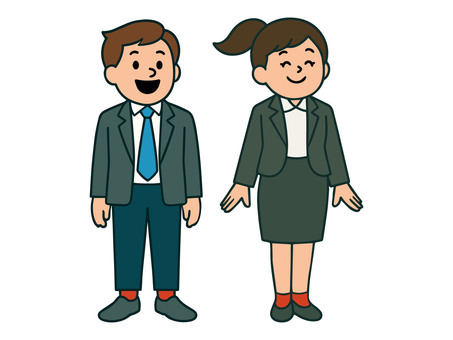 男サラリーマンと女OLの同僚コンビＦ サラリーマン,ol,オフィスレディー,カジュアル,仕事,ペア,同僚,笑顔,リラックス,共演のイラスト素材