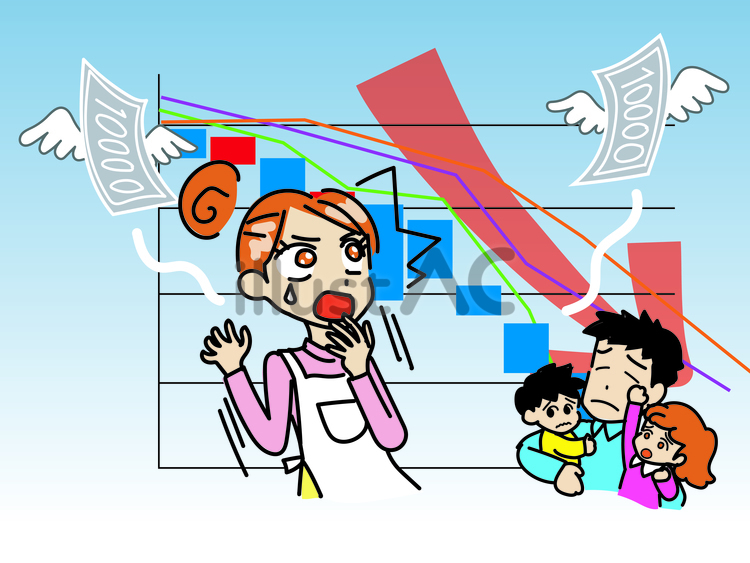 株価暴落でショックを受ける女性と家族 資,株価,暴落のイラスト素材