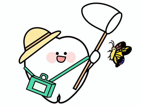 可愛い大臼歯のマスコット(むしとり） 歯科,医療,大臼歯,歯,虫取り,夏,マスコット,キャラクター,デフォルメ,かわいいのイラスト素材
