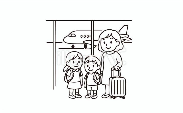 飛行機の搭乗を待つママと子供たち 人物,飛行機,空港のイラスト素材