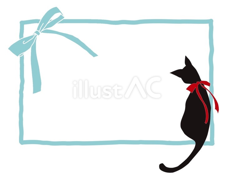 黒猫と青いリボン枠 黒猫,赤,青のイラスト素材
