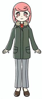 桃色の女の子のモッズコート ピンク,かわいい,手描き,コート,モッズコート,レディースコート,冬コート,アウター,ファー付きコート,カジュアルコートのイラスト素材