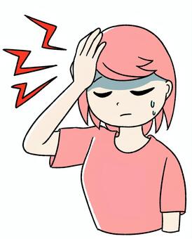 桃色の女の子が頭痛になってる ピンク,手描き,頭痛,片頭痛,体調不良,具合が悪い,痛み,不調,発熱,風邪のイラスト素材
