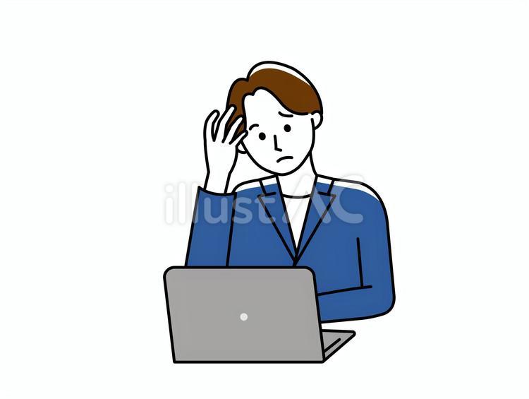 パソコンの前で頭を抱える男性_上半身 男性,パソコン,ノートパソコンのイラスト素材