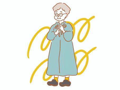 おしゃれなおばあちゃん おしゃれ,おばあちゃん,高齢者,グレーヘア,ショートカット,ファッション,ワンピース,メガネ,シンプル,手描きのイラスト素材