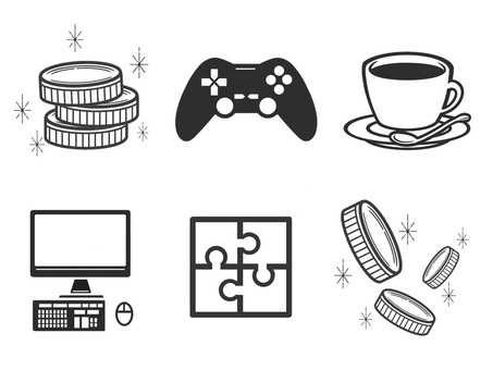 入りいろな趣味を集めたアイコンのセット 趣味,アイコン,インターネット,ネット,デスクトップ,ゲーム,コントローラー,eゲーム,カフェ,珈琲のイラスト素材