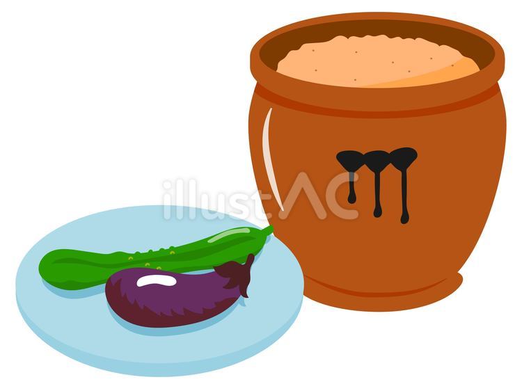 常滑焼の甕に入ったぬか床と野菜 ぬか床,ぬか漬け,きゅうりのイラスト素材
