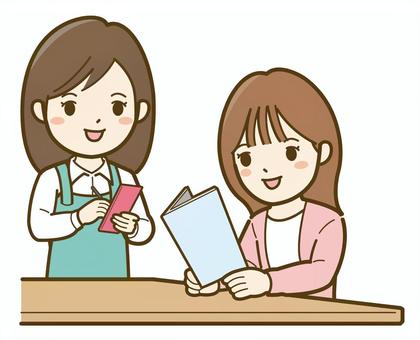 飲食店で注文する女性と女性店員_25 女性,ビジネス,人物,人,カフェ,イラスト,シンプル,かわいい,求人,求人広告のイラスト素材