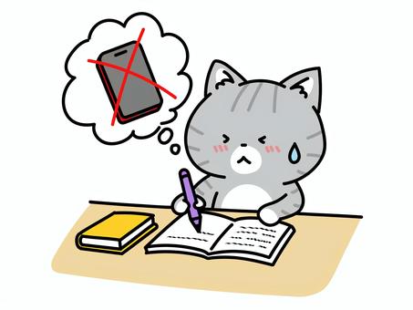 スマホの誘惑に耐えて勉強する猫ちゃん ねこ,スマホ,勉強,受験,テスト,宿題,課題,学習,勉学,学ぶのイラスト素材