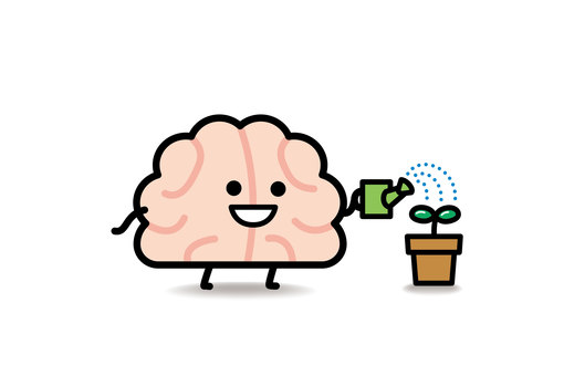 脳みそさん★芽が出た 脳みそ,植木鉢,芽,双葉,笑顔,ジョウロ,水やり,育てる,脳,植物のイラスト素材