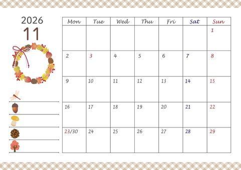 2026カレンダー/11はがきサイズ カレンダー,2026年,令和8年,11月,マンスリー,卓上,月曜始まり,スケジュール,暦,リースのイラスト素材