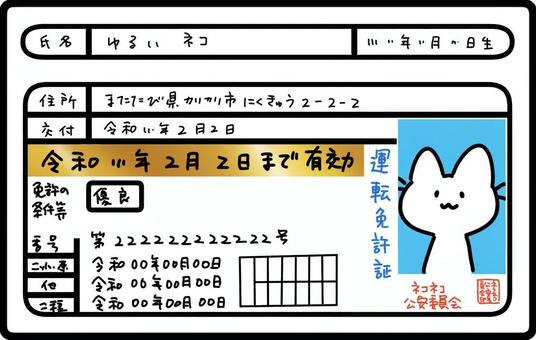 ゆるいネコの免許証・ゴールド ネコ,運転免許証,カード,ゴールド免許,金,優良運転者,5年間,無事故,無違反,ベテランのイラスト素材