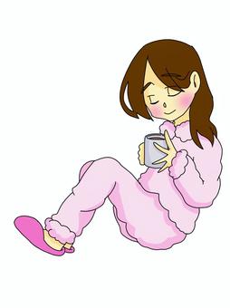 座る女性 ひとり時間,女性,女の子,飲み物,座る,ルームウェア,パジャマのイラスト素材