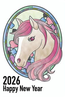 2026年の年賀状（パステル） 年賀状,馬,横顔,ステンドグラス,パステルカラー,洋風,優しい,花のイラスト素材