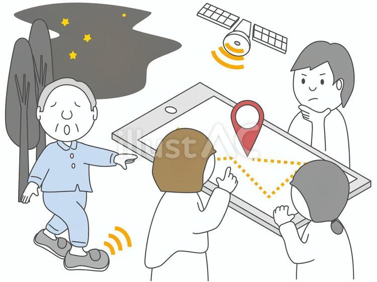 おじいちゃんの徘徊をgpsで確認する家族 おじいちゃん,高齢者,徘徊のイラスト素材