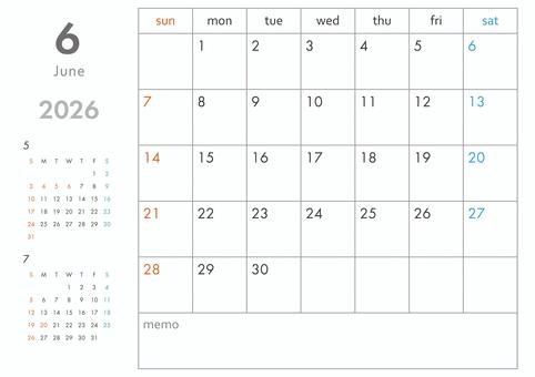 2026年6月カレンダー-横 カレンダー,2026年,2026,1か月,3か月,令和8年,暦,日曜始まり,祝祭日,祝日のイラスト素材