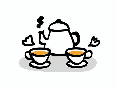 ティーカップとポット_色ズレゆるい絵 ティーカップとポット_色ズレゆるい絵 紅茶,カップ,ポット,手書き,手描き,ゆるい,色ずれ,かわいい,イラスト,ほっこりのイラスト素材