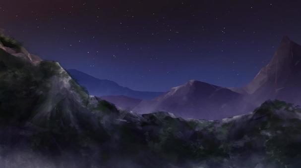 夜の山岳　背景イラスト 山,山岳,険しい,山頂,森,峻岳,景色,風景,背景,壁紙のイラスト素材