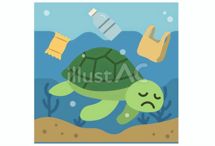 海中でごみ汚染に苦しむウミガメ ウミガメ,海洋,汚染のイラスト素材