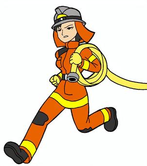走る　女性　消防士　イラスト 走る,女性,消防士,オレンジ色,防火服,背景,色なしのイラスト素材