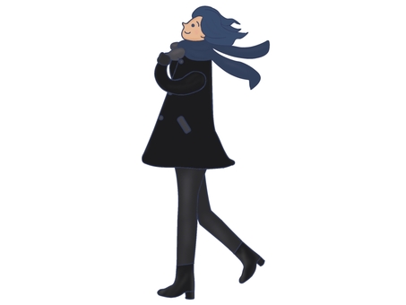 風になびくコートの女性全身3 女性,コート,髪の毛,風,秋,冬,ファッション,マフラー,手袋,ブーツのイラスト素材