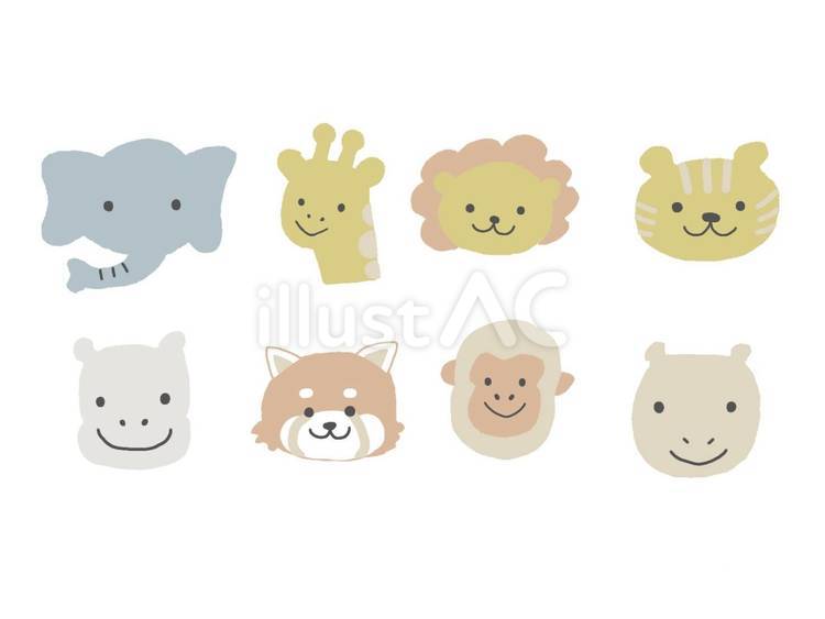 動物たち(くすみカラー線画なし) 動物,ゾウ,キリンのイラスト素材