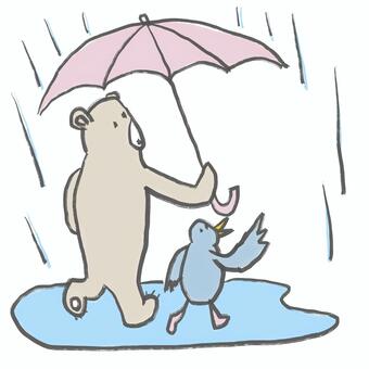 雨の中を傘をさして歩くシロクマと青い鳥 シロクマ,青い鳥,鳥,クマ,雨,雨の日,傘,雨傘,梅雨,梅雨時期のイラスト素材