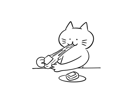 お餅を食べる猫（モノクロ） 猫,餅,磯辺焼き,磯辺餅,海苔,食事,暮らし,かわいい,ゆるい,手描きのイラスト素材