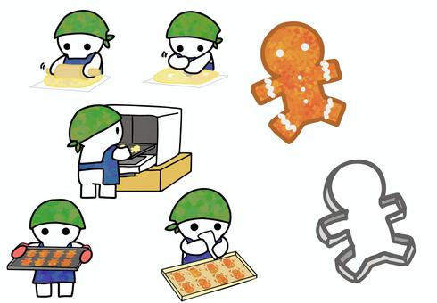 ジンジャーマンクッキーを作るオリキャラ お菓子,クッキー,ジンジャーマンクッキー,クッキー型,伸ばす,型抜き,オーブン,アイシング,三角巾,オリキャラのイラスト素材