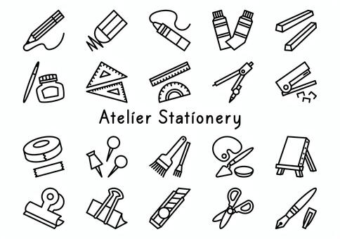かわいいアトリエ文具-線画アイコンセット アトリエ,文具,鉛筆,消しゴム,クレヨン,絵の具,パステル,インク,三角定規,定規のイラスト素材